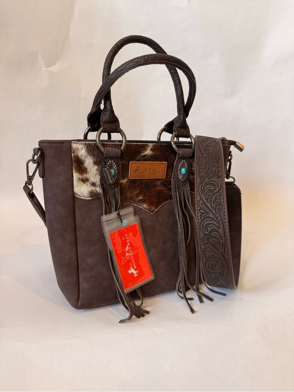 Montana West Brown Cowhide Fringe Tote with Turquoise Accents